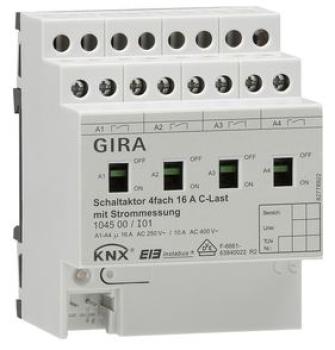 Gira 104500 KNX REG plus Schaltaktor 4-fach 16A mit Handbetätigung und Strommessung für C-Lasten