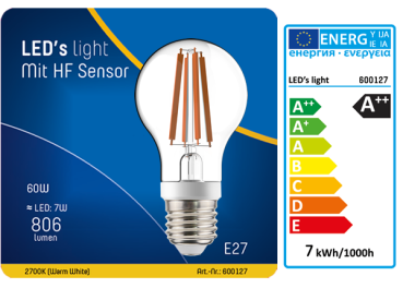 1 STÜCK (VPE) SHADA LED Classic E27 806lm 7W, Warmweiss 2700K, A60 klar, Sensor, EEC: A++ (0600127)