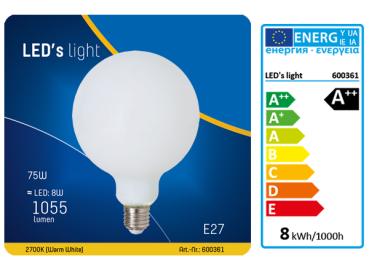 1 STÜCK (VPE) SHADA LED Globe E27 1055lm 8W, Warmweiss 2700K, G125 Opal, EEC: A++ (0600361)