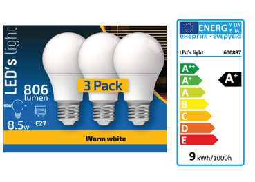 3 STÜCK (VPE) SHADA LED Classic E27, 806lm, 8,5 Watt, Warmweiss 2700K, A60 Opal, EEC: A+ (0600897)