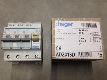 Hager ADZ316D Fehlerstrom-Leitungsschutzschalter 3X 1P+N 6kA B-16A 30mA Typ A QuickConnect