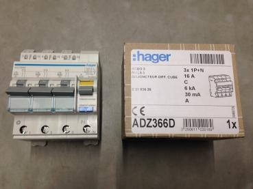 Hager ADZ366D Fehlerstrom-Leitungsschutzschalter 3X 1P+N 6kA C-16A 30mA Typ A QuickConnect