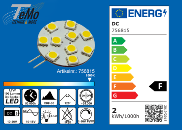 TeMo T&More® LED-Leuchtmittel 10xSMD-LED 5050 Modul, 125° G4 AC12V/DC10-30V, 1.7W, 190lm, 6500K, dimmbar, EEC: F (756815)