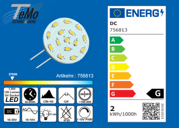TeMo T&More® LED-Leuchtmittel 15xSMD-LED 2216 Modul, 125° G4 AC12V/DC10-30V, 1.5W, 120lm, 2700K, dimmbar, CRI95, EEC: G (756813)