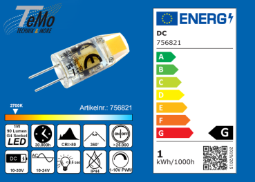 TeMo T&More® LED-Leuchtmittel 1xCOB Chip, Silikon, Stiftsockel, 360° G4 AC10-24V/DC10-30V, 1.0W, 90lm, 2700K, dimmbar, EEC: G (756821)