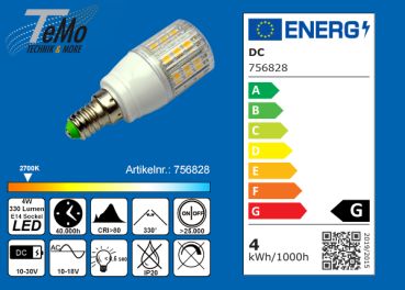 TeMo T&More® LED-Leuchtmittel 24xSMD-LED 5050, Epistar, Tubular, 330°, E14, AC10-18V/DC10-30V, 4W, 330lm, 2700K, EEC: G (756828)