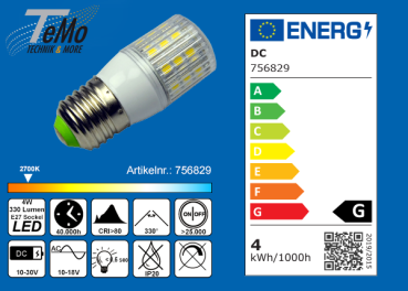TeMo T&More® LED-Leuchtmittel 24xSMD-LED 5050, Epistar, Tubular, 330°, E27, AC10-18V/DC10-30V, 4W, 330lm, 2700K, EEC: G (756829)