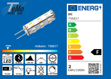 TeMo T&More® LED-Leuchtmittel 27xSMD-LED 3014 Stiftsockel, 300° G4 AC12V/DC10-30V, 1.3W, 146lm, 2700K, dimmbar, EEC: F (756817)