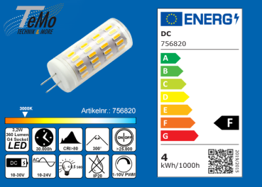 TeMo T&More® LED-Leuchtmittel 63xSMD-LED 4014 Stiftsockel, 300° G4 AC10-24V/DC10-30V, 3.2W, 360lm, 2700K, dimmbar, EEC: F (756820)