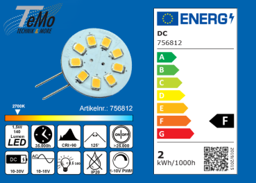 TeMo T&More® LED-Leuchtmittel 9xSMD-LED 2835 Modul, 125° G4 AC10-18V/DC10-30V, 1.5W, 140lm, 2700K, dimmbar, CRI90, EEC: F (756812)