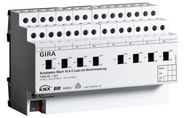 Gira 104600 KNX REG plus Schaltaktor 8-fach 16A mit Handbetätigung und Strommessung für C-Lasten