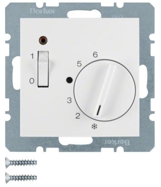 Berker 20301909 Temperatur-Regler mit Öffner, Zentralstück, Wippschalter und LED S.1/B.3/B.7 polarweiß, matt