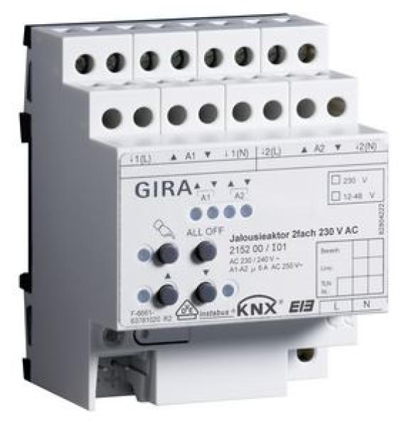 Gira 215200 KNX REG plus Jalousieaktor 2-fach AC 230V mit Handbetätigung