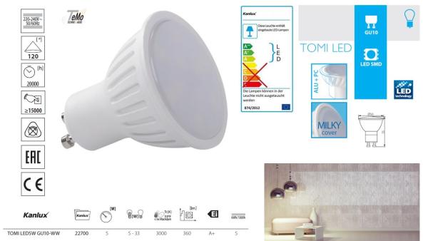 Kanlux LED Spot 5W GU10 360lm 120° 3000k TOMI LED5W GU10-WW (22700) EEC: A-A++ (LED)