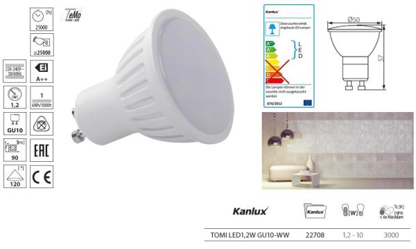 Kanlux LED Spot 1,2W GU10 120° 3000k TOMI LED1,2W GU10-WW (22708) EEC: A-A++ (LED)