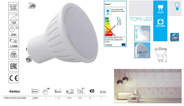 Kanlux LED Spot 7W GU10 500lm 120° 3000k TOMI LED7W GU10-WW (22821) EEC: A-A++ (LED)