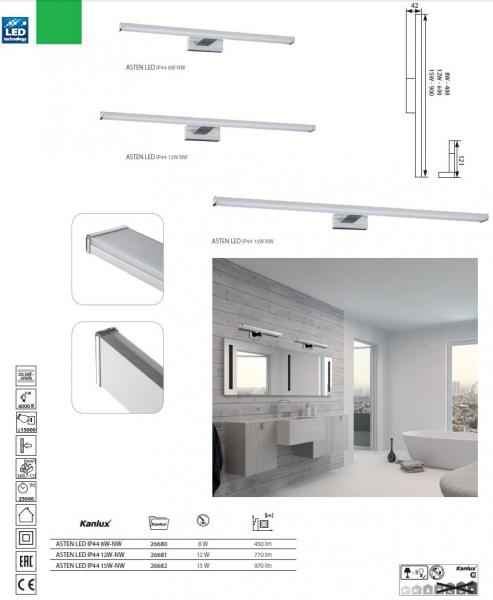 Kanlux LED-Wandleuchte Spiegelleuchte ASTEN 12W-NW, 1010lm, 4000K, LED SMD, IP44, Länge: 600mm, ALU/Kunststoff (26681)