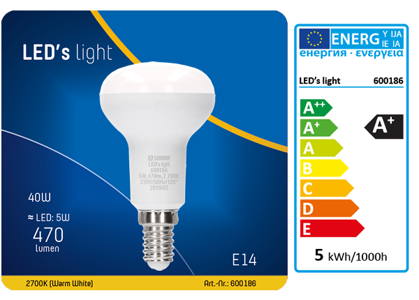 1 STÜCK (VPE) SHADA LED Globe E14 470lm 5W, warmweiss 2700K, R50 Opal, EEC: A+ (0600186)