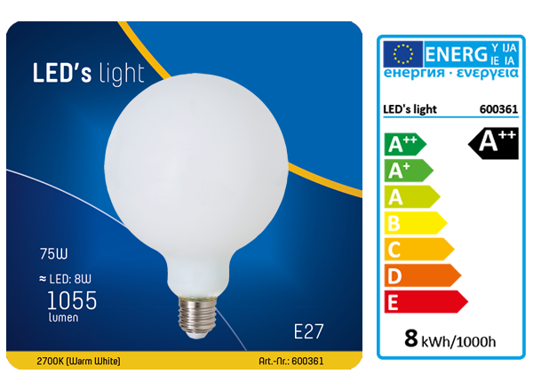 1 STÜCK (VPE) SHADA LED Globe E27 1055lm 8W, Warmweiss 2700K, G125 Opal, EEC: A++ (0600361)