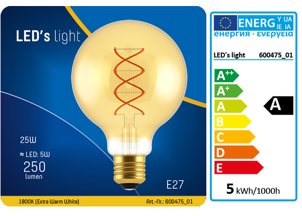 1 STÜCK (VPE) SHADA LED Classic E27 250lm 5W, extra-warmweiss 1800K, G95 gold, dimmbar, EEC: A (0600475_01)