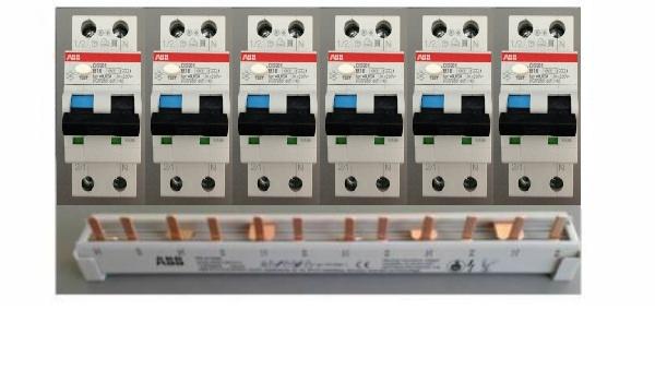 **ABB Set** 6x FI/LS-Schalter 6kA / DS201A-B16/0,03 + 1x PS4/12NA FI/LS Kombischiene