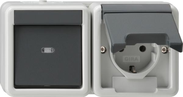 Elektromaterial günstig kaufen - Online Shop - GIRA Aufputz System IP 44  Grau Wechselschalter+Steckdose Kombi waagerecht 417730