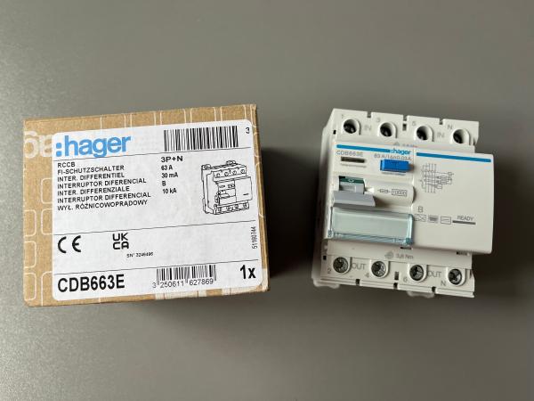 Hager CDB663E  Fehlerstromschutzschalter, FI-Schutzschalter 4-polig 10kA 63A 30mA Typ B