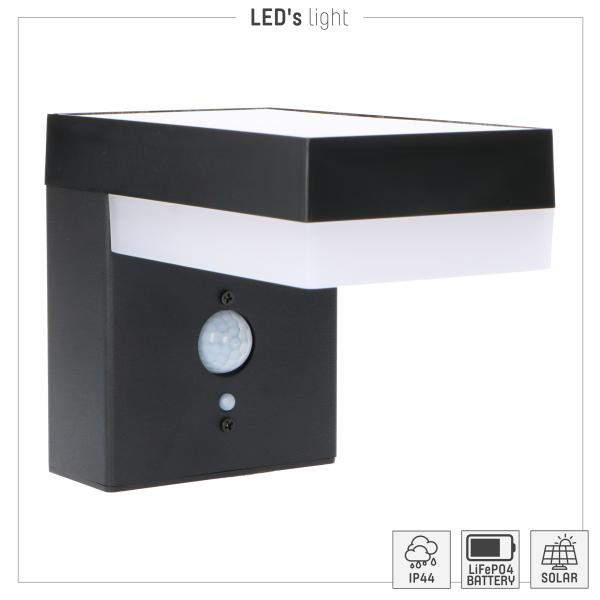 SHADA LED Solar Außen-Wandleuchte mit Sensor, 3.3W 600lm 2700K, Farbe schwarz (1000560_01)