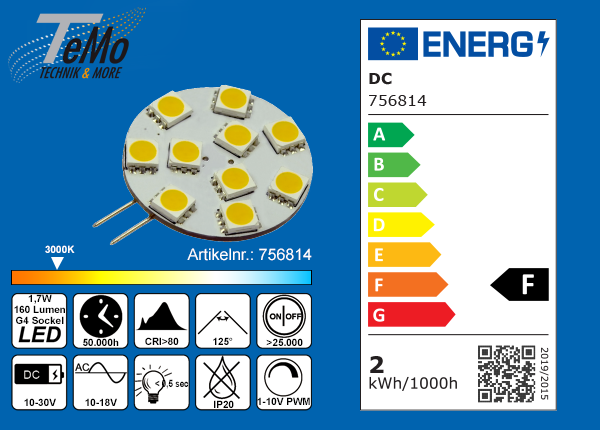 TeMo T&More® LED-Leuchtmittel 10xSMD-LED 5050 Modul, 125° G4 AC12V/DC10-30V, 1.7W, 160lm, 3000K, dimmbar, EEC: F (756814)
