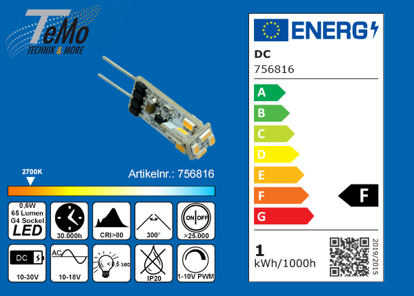 TeMo T&More® LED-Leuchtmittel 12xSMD-LED 3014 Stiftsockel, 300° G4 AC12V/DC10-30V, 0.6W, 65lm, 2700K, dimmbar, EEC: F (756816)