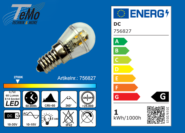 TeMo T&More® LED-Leuchtmittel 16xSMD-LED 3014, Globe, 360°, E14, AC10-18V/DC10-30V, 0.7W, 60lm, 2700K, EEC: G (756827)