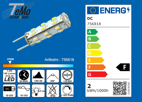 TeMo T&More® LED-Leuchtmittel 27xSMD-LED 3014 Stiftsockel, 300° G4 AC12V/DC10-30V, 1.3W, 146lm, 2700K, dimmbar, EEC: F (756818)