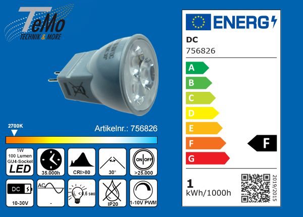 TeMo T&More® LED-Leuchtmittel 3xLED, SMD-Spot, 30°, GU4, DC10-30V, 1.0W, 100lm, 2700K, dimmbar, MR8, EEC: F (756826)