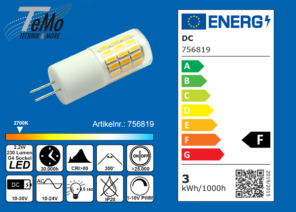 TeMo T&More® LED-Leuchtmittel 45xSMD-LED 4014 Stiftsockel, 300° G4 AC10-24V/DC10-30V, 2.3W, 230lm, 2700K, dimmbar, EEC: F (756819)