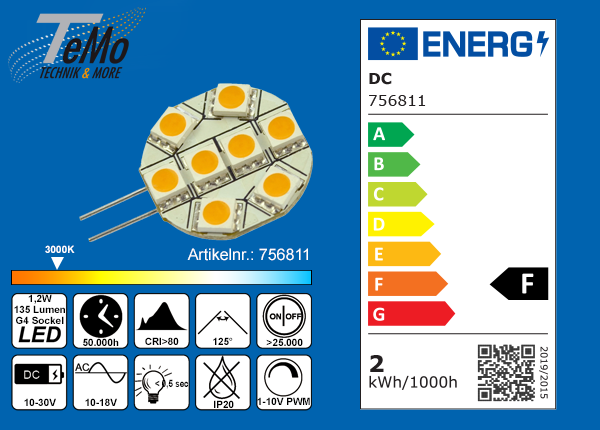 TeMo T&More® LED-Leuchtmittel 8xSMD-LED Modul, 125° G4 AC12V/DC10-30V, 1.2W, 135lm, 3000K, dimmbar, EEC: F (756811)