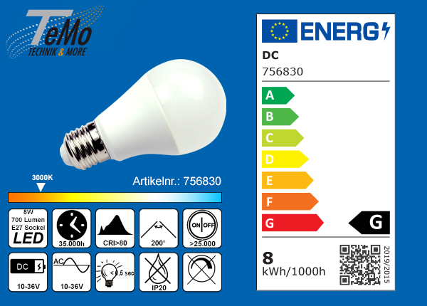 TeMo T&More® LED-Leuchtmittel 9xSMD-LED 2835, Globe 60mm, 200°, E27, AC/DC10-36V, 8W, 700lm, 3000K, matt, CRI80, EEC: G (756830)