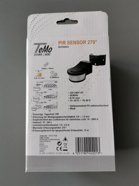 TeMo T&More® Bewegungsmelder Sensor - PIR 270° IP44 - Schwarz (0190101TEM)